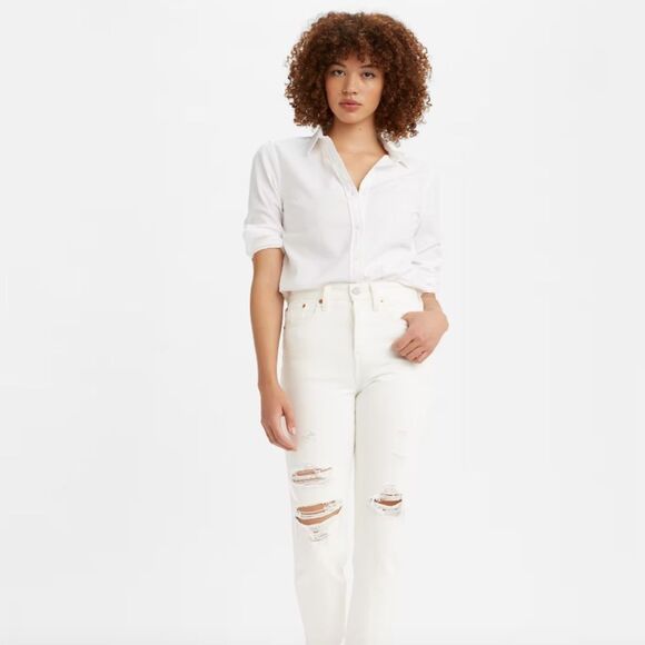Levi’s Premium Wedgie Straight Fit Destructed Jeans in Cloud Bank White 28 - Picture 2 of 16